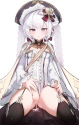 Rule 34 | 1girl, absurdres, azur lane, black thighhighs, bow, breasts, buttons, censored, coat, commentary request, covered navel, cross, cross fitchy, cross hair ornament, cross patty, cum, cum in pussy, cumdrip, double-breasted, flandre (azur lane), garter straps, gluteal fold, grey eyes, hair bow, hair ornament, hand on own crotch, hand on own thigh, hat, highres, latin cross, leotard, long sleeves, looking at viewer, mizuhashi parusui, mosaic censoring, pussy, simple background, sitting, sleeves past wrists, small breasts, solo, spread legs, thick thighs, thighhighs, thighs, white background, white coat, white hair, white leotard