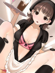 Rule 34 | 1girl, :o, apron, bad id, bad pixiv id, bra, breasts, brown hair, buttons, cleavage, drink, from below, glass, kinugasa yuuichi, kneehighs, lace, legs, lingerie, looking at viewer, medium breasts, multicolored eyes, navel, open clothes, open mouth, open shirt, original, panties, pantyshot, popped button, shirt, sitting, socks, solo, tray, underwear, waitress, wardrobe malfunction