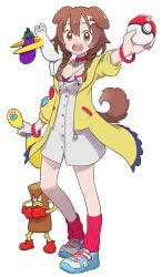 Rule 34 | animal collar, animal ears, bone hair ornament, boxing gloves, bracelet, braid, breasts, brown eyes, brown hair, cleavage, collar, commentary request, creatures (company), dog ears, dog girl, dog tail, dress, eggplant, game freak, hair ornament, highres, holding, hololive, inugami korone, inugami korone (1st costume), jacket, jewelry, medium breasts, nintendo, open mouth, poke ball, poke ball (basic), pokemon, red legwear, shoes, smile, sneakers, socks, tail, twin braids, virtual youtuber, white dress, yellow jacket, yoshida on