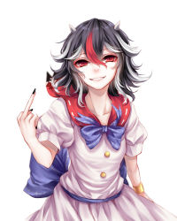 Rule 34 | 1girl, absurdres, bad id, bad pixiv id, black hair, black nails, bow, bracelet, breasts, cone horns, cowboy shot, dress, eyeliner, grey horns, grin, hand up, highres, horns, jewelry, kijin seija, looking at viewer, makeup, middle finger, multicolored hair, nail polish, puffy short sleeves, puffy sleeves, red eyes, red hair, ribbon-trimmed collar, ribbon trim, sheya, short hair, short sleeves, simple background, small breasts, smile, solo, streaked hair, touhou, white background, white dress, white hair