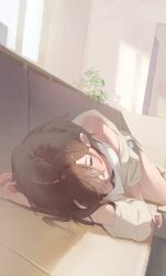 Rule 34 | 1girl, bare legs, barefoot, black bra, bra, brown hair, closed eyes, closed mouth, commentary request, couch, higuchi madoka, idolmaster, idolmaster shiny colors, indoors, lying, mole, mole under eye, on side, plant, potted plant, shadow, short hair, sleeping, solo, sunlight, tank top, underwear, uouokuma, white tank top, window