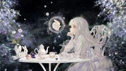 Rule 34 | 1girl, chair, cup, dress, flower, food, fruit, grapes, grey eyes, head rest, highres, long hair, original, plum, rabbit, see-through, see-through sleeves, shirone (coxo ii), sitting, solo, table, teacup, teapot, very long hair, white dress, white hair, white rabbit (animal)