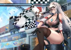 Rule 34 | 1girl, absurdres, animal ears, arknights, bare shoulders, between breasts, black gloves, black thighhighs, blue sky, breasts, cat ears, checkered flag, commentary, confetti, crop top, dated commentary, flag, gloves, grey eyes, highres, large breasts, long hair, looking at viewer, midriff, off shoulder, outdoors, rhodes island logo (arknights), schwarz (arknights), silver hair, sky, solo, thick thighs, thigh strap, thighhighs, thighs, very long hair, visor cap, yujieai