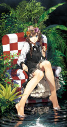Rule 34 | 1girl, barefoot, blue eyes, brown hair, couch, dress, flower, frills, hair flower, hair ornament, head wreath, highres, holding, holding hair, leaf, legs, lips, long hair, looking at viewer, luna (reclaimed land), original, plant, reflection, shadow, sitting, smile, soaking feet, solo, twintails, water
