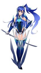 Rule 34 | 1girl, absurdres, bare shoulders, blue hair, boots, breasts, elbow gloves, gloves, gluteal fold, hair between eyes, hair ornament, hand on own hip, highres, kazanari tsubasa, looking at viewer, nyanmaru, purple eyes, senki zesshou symphogear, side ponytail, simple background, small breasts, smile, solo, sword, thigh boots, thighhighs, weapon, white background