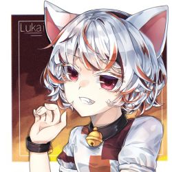 Rule 34 | animal ears, bell, cat ears, choker, clenched teeth, fang, goutokuji mike, grin, hand up, multicolored hair, neck bell, orange hair, red eyes, shirt, short hair, signature, smile, teeth, touhou, unconnected marketeers, user gufr8727, white hair