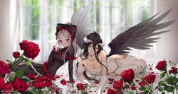 Rule 34 | 2girls, albedo (overlord), black bow, black dress, black hair, black wings, blurry, blurry background, bow, breasts, cleavage, commentary, curtains, demon girl, depth of field, dress, english commentary, feathered wings, flower, frilled dress, frilled sleeves, frills, gloves, hair between eyes, hair bow, high ponytail, highres, large breasts, long hair, long sleeves, medium breasts, multiple girls, overlord (maruyama), parted bangs, petals, ponytail, red eyes, red flower, red rose, rose, shalltear bloodfallen, silver hair, sleeves past wrists, sunako (veera), twitter username, vampire, very long hair, white dress, white gloves, window, wings, yellow eyes