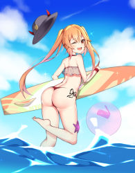 Rule 34 | 1girl, ;d, absurdres, ass, ball, bare shoulders, beachball, bikini, blonde hair, blue sky, blush, choker, cloud, commentary request, day, fake horns, fang, girls&#039; frontline, grey hat, hat, highres, holding, horned headwear, horns, long hair, looking at viewer, looking back, m870 (girls&#039; frontline), meng ge 3 (565571710), ocean, one eye closed, open mouth, outdoors, red bikini, red choker, revision, see-through, side-tie bikini bottom, sky, smile, solo, sparkle, standing, standing on one leg, starfish, surfboard, swimsuit, thong bikini, transparent, twintails, unworn hat, unworn headwear, very long hair, water, wristband