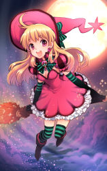 Rule 34 | 1girl, bad id, bad pixiv id, blonde hair, boots, broom, broom riding, elbow gloves, full moon, gloves, hat, light particles, moon, nardack, night, night sky, open mouth, original, pink eyes, ribbon, sidesaddle, sky, solo, sparkle, striped clothes, striped thighhighs, thighhighs, witch, witch hat