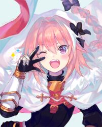Rule 34 | 1boy, astolfo (fate), black bow, black thighhighs, bow, braid, cape, fang, fate/grand order, fate (series), fur-trimmed cape, fur trim, garter straps, gauntlets, hair bow, hair intakes, long hair, male focus, multicolored hair, one eye closed, open mouth, pink hair, purple eyes, rapueru, simple background, smile, solo, sparkle, streaked hair, thighhighs, trap, v, v over eye, white background, white cape, white hair