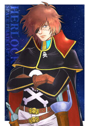 Rule 34 | 1boy, absurdres, belt, black cape, brown eyes, brown gloves, brown hair, cape, character name, copyright name, crossed arms, eyepatch, gloves, gold trim, harlock, harlock saga, highres, looking at viewer, male focus, sheath, sheathed, skull and crossbones, skull ornament, solo, space, standing, stitched face, stitches, uchuu kaizoku captain harlock, wheather