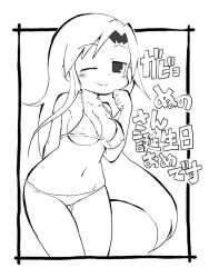 Rule 34 | 1girl, arm behind back, bikini, blush, breasts, cleavage, closed mouth, commentary request, covered erect nipples, cowboy shot, framed, goshiki agiri, greyscale, hand up, kill me baby, large breasts, long hair, looking at viewer, monochrome, navel, one eye closed, outside border, simple background, smile, solo, standing, string bikini, swimsuit, white background, zubatto (makoto)