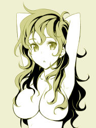 Rule 34 | 1girl, armpits, breasts, censored, convenient censoring, female focus, green background, green theme, hair censor, hair over breasts, himura kiseki, long hair, messy hair, monochrome, no nipples, nude, simple background, solo, topless frame, upper body