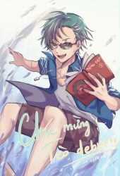 Rule 34 | 1boy, 3di project, amel3di, book, collared shirt, dated, green hair, highres, jortun leventor, loose clothes, male focus, open mouth, red eyes, shirt, shorts, solo, sunglasses, vietnamese text, virtual youtuber, water, waves, white shirt