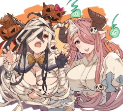 Rule 34 | 2girls, :p, antenna hair, ayacho, bandage over one eye, bandages, black hair, blue eyes, bow, bowtie, braid, breasts, cape, claw pose, crown braid, danua, draph, fingerless gloves, ghost costume, gloves, granblue fantasy, gretel (granblue fantasy), hair between eyes, hair ornament, hair over one eye, halloween, halloween costume, hansel (granblue fantasy), hitodama, horns, jack-o&#039;-lantern, japanese clothes, kimono, large breasts, long hair, multiple girls, mummy costume, naked bandage, narmaya (granblue fantasy), open mouth, pink hair, pointy ears, red eyes, single glove, skull hair ornament, sleeves past wrists, smile, tongue, tongue out, triangular headpiece, upper body, white kimono