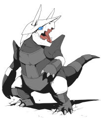 absurdres aggron blue_eyes claws creatures_(company) fangs full_body game_freak gen_3_pokemon highres horns looking_to_the_side martinicandy nintendo no_humans open_mouth pokemon pokemon_(creature) shadow sharp_teeth simple_background standing teeth tongue white_background