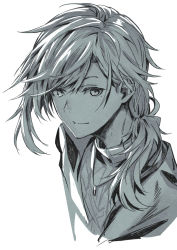Rule 34 | 1boy, closed mouth, commentary request, highres, jewelry, kanae (nijisanji), long hair, looking to the side, male focus, mole, mole under eye, monochrome, necklace, nijisanji, parted bangs, sakazuki sudama, side ponytail, simple background, smile, solo, turtleneck, upper body, virtual youtuber, white background