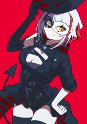 Rule 34 | + +, 1girl, absurdres, ambience synesthesia, antenna hair, arknights, asymmetrical sleeves, belt, black dress, black gloves, black thighhighs, breasts, cleavage, cleavage cutout, closed mouth, clothing cutout, cowboy shot, def aki, demon tail, dress, elbow gloves, eye mask, fang, gloves, hand on own hip, hat, highres, holding, holding clothes, holding hat, horns, large breasts, multiple belts, official alternate costume, red background, red hair, red horns, simple background, single glove, skin fang, smile, solo, symbol-shaped pupils, tail, thigh gap, thighhighs, unworn hat, unworn headwear, w (arknights), w (wanted) (arknights), white hair, yellow eyes