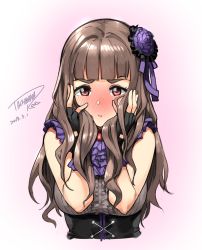 Rule 34 | 1girl, artist name, blunt bangs, blush, brown hair, commentary request, dated, eyebrows, fingerless gloves, gloves, hands on own face, highres, idolmaster, idolmaster cinderella girls, idolmaster cinderella girls starlight stage, kamiya nao, long hair, pout, red eyes, signature, solo, tachibana roku, thick eyebrows