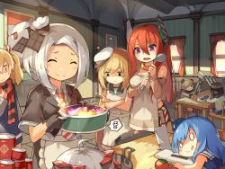 Rule 34 | 6+girls, :q, admiral scheer (warship girls r), ahoge, annoyed, apron, aviere (warship girls r), bad food, bare shoulders, black gloves, blonde hair, blue hair, blue sweater, can, canned food, cannon, chef hat, chibi, closed eyes, closed mouth, cooking, crossed arms, curtains, cutting board, fish, flat cap, fork, garrison cap, gloves, glowworm (warship girls r), graf spee (warship girls r), hair ornament, hair ribbon, hairclip, hat, headwear request, holding, hotpot, indoors, knife, ladle, lifebuoy, lino-lin, long hair, looking at another, looking down, low twintails, lying, multiple girls, necktie, official art, on stomach, open mouth, peaked cap, picture frame, plate, pot, purple eyes, quincy (warship girls r), red hair, red necktie, ribbon, ryuujou (warship girls r), scarf, shirt, short hair, sitting, sleeveless, smile, smoking, standing, striped clothes, striped necktie, striped neckwear, striped scarf, sukhbaatar (warship girls r), sweatdrop, sweater, sweater vest, swim ring, table, tin can, tomato, tongue, tongue out, torpedo, turret, twintails, vittorio veneto (warship girls r), warship girls r, white hair, white hat, white shirt, window, wooden chair, wooden table, worried