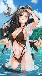 Rule 34 | 5girls, animal ears, arknights, arm up, bikini, black bikini, blue sky, blush, breasts, cat ears, cat tail, ceylon (arknights), clenched teeth, cloud, collarbone, commentary, cowboy shot, day, exusiai (arknights), female focus, grey shirt, gun, hand in own hair, holding, holding gun, holding weapon, horns, jacket, large breasts, long hair, looking at viewer, multi-strapped bikini, multiple girls, navel, official alternate costume, omglolimbored, open clothes, open jacket, open shirt, outdoors, over shoulder, red hair, schwarz (arknights), see-through, shining (arknights), shining (silent night) (arknights), shirt, short sleeves, silver hair, sitting, sky, soaking feet, sora (arknights), sora (summer flowers) (arknights), standing, stomach, swimsuit, tail, teeth, thighs, umbrella, very long hair, wading, water, weapon, weapon over shoulder, wet, wet clothes, wet shirt, white jacket, yellow eyes
