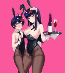 Rule 34 | 1boy, 1girl, 3d glasses, absurdres, alcohol, animal ears, black hair, black leotard, blush, bottle, breasts, brown pantyhose, champagne flute, covered navel, cup, detached collar, drinking glass, eyewear on head, fake animal ears, fake tail, glasses, highleg, highleg leotard, highres, jamee (action845), large breasts, leotard, looking at viewer, male playboy bunny, oversized breast cup, pantyhose, pink background, playboy bunny, rabbit ears, rabbit tail, red eyes, simple background, strapless, strapless leotard, tail, thighband pantyhose, trap, tray, virtual youtuber, wine, wine bottle, wine glass, wrist cuffs
