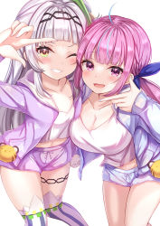 Rule 34 | 2girls, ahoge, black hairband, blue eyes, blue jacket, blue ribbon, blue shorts, blush, breasts, commentary, finger frame, finger frame duo, grin, hair ornament, hair ribbon, hairband, highres, hololive, jacket, large breasts, leaning forward, long hair, long sleeves, looking at viewer, minato aqua, multicolored hair, multiple girls, murasaki shion, open clothes, open jacket, open mouth, over-kneehighs, purple eyes, purple hair, purple jacket, purple shorts, ribbon, shirt, shorts, silver hair, simple background, smile, standing, streaked hair, striped clothes, striped legwear, striped thighhighs, symbol-only commentary, thigh strap, thighhighs, vertical-striped clothes, vertical-striped thighhighs, very long hair, virtual youtuber, white background, white shirt, yellow eyes, yuano