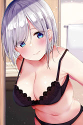 Rule 34 | 1girl, 3:, armpits, bare shoulders, black bra, black panties, blush, bra, breasts, cleavage, closed mouth, collarbone, commentary request, copyright request, embarrassed, frown, hamakaze (kancolle), highres, kantai collection, large breasts, leaning forward, looking at viewer, navel, panties, rouka (akatyann), short hair, silver hair, solo, stomach, strap gap, swept bangs, underboob, underwear, upper body