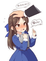 Rule 34 | 1boy, 1girl, belt, blue bow, blue dress, blush, bow, brown belt, brown eyes, brown hair, collar, commentary request, dress, embarrassed, flying sweatdrops, hair bow, hands up, headpat, holding, holding tablet pc, idolmaster, idolmaster cinderella girls, long hair, long sleeves, looking at another, open mouth, out of frame, producer (idolmaster), sidelocks, speech bubble, tablet pc, tachibana arisu, translation request, uccow, upper body, v-shaped eyebrows, wavy mouth, white background, white collar