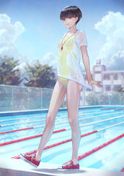 Rule 34 | 1girl, black hair, blue background, blue sky, blunt bangs, blurry, blurry background, bob cut, breasts, brown eyes, cloud, competition swimsuit, day, fence, full body, highres, kaoming, long hair, looking at viewer, medium breasts, one-piece swimsuit, original, outdoors, pool, poolside, red footwear, school, see-through, shirt, shoes, short sleeves, sky, sneakers, solo, swimsuit, t-shirt, tree, very long hair, walking, wet, wet clothes, wet shirt, whistle, white shirt, yellow one-piece swimsuit