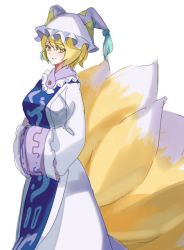 Rule 34 | 1girl, animal hat, blonde hair, blue tabard, commentary request, dress, fox tail, frills, hands in opposite sleeves, hat, highres, long dress, long sleeves, mob cap, multiple tails, one-hour drawing challenge, mob cap, simple background, tabard, tail, tassel, tohoyuukarin, touhou, white background, white dress, yakumo ran, yellow eyes