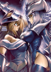 Rule 34 | 2girls, artist name, asymmetrical docking, bare shoulders, blonde hair, blue eyes, blush stickers, breast envy, breast press, breast rest, breasts, choker, clenched teeth, commentary, cowboy shot, curvy, dark magician girl, dress, duel monster, english commentary, gameplay mechanics, gloves, hat, height difference, highres, hip vent, large breasts, long hair, looking at another, magical girl, multiple girls, silent magician, silver hair, sneer, sweatdrop, teeth, the golden smurf, thighhighs, wide hips, wizard hat, yu-gi-oh!, yu-gi-oh! duel monsters