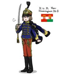 Rule 34 | 1girl, puff of air, anyan (jooho), austria-hungary, black footwear, blue eyes, blue jacket, boots, brown hair, commentary request, full body, hat, highres, holding, holding sword, holding weapon, jacket, korean commentary, pants, long sleeves, mandarin collar, military, military uniform, open mouth, original, pants, red pants, short hair, simple background, solo, standing, sword, teeth, uniform, weapon, white background