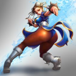 Rule 34 | 1girl, artist name, ass, black pantyhose, boots, bracelet, breasts, brown eyes, bun cover, capcom, chun-li, covered erect nipples, dated, double bun, earrings, english text, full body, hair bun, highres, jewelry, katoyo85, large breasts, looking at viewer, open mouth, pantyhose, short sleeves, simple background, spiked bracelet, spikes, street fighter, white footwear