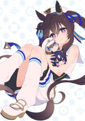 Rule 34 | 1girl, animal ears, bare shoulders, beret, blue ribbon, blush, brown hair, character doll, cheval grand (umamusume), closed mouth, commentary request, crop top, hair between eyes, hair ribbon, hat, horse ears, horse girl, horse tail, hugging doll, hugging object, knees together feet apart, koruri, long hair, looking at viewer, loose socks, multicolored hair, pleated skirt, purple eyes, ribbon, sailor collar, shirt, shoes, skirt, sleeveless, sleeveless shirt, smile, socks, solo, streaked hair, tail, twintails, umamusume, verxina (umamusume), very long hair, vivlos (umamusume), white footwear, white hair, white hat, white sailor collar, white shirt, white skirt, white socks