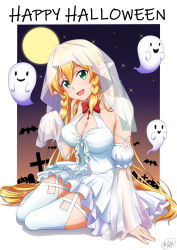Rule 34 | 1girl, arm support, blonde hair, bow, bowtie, braid, breasts, cleavage, commentary request, dress, full moon, garter straps, green eyes, halloween, hand up, highres, hood, ken-ji, large breasts, leafa, long hair, looking at viewer, moon, night, open mouth, red bow, see-through, see-through sleeves, sitting, smile, solo, sparkle, sword art online, thighhighs, twin braids, white dress, white thighhighs, yokozuwari