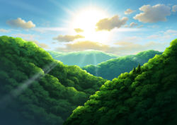 Rule 34 | bad id, bad pixiv id, blue sky, cloud, commentary request, day, forest, hariken, hill, nature, no humans, outdoors, scenery, sky, sun, sunlight, sunrise