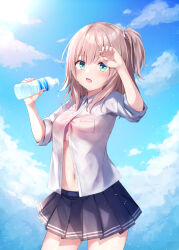 Rule 34 | 1girl, blouse, blue skirt, blue sky, boku to kanojo no onani life, bottle, bra, bra peek, cloud, cloudy sky, commentary request, cowboy shot, day, hair tie, holding, holding bottle, long sleeves, looking at viewer, medium hair, miniskirt, naomi (boku to kanojo no onani life), one side up, open mouth, outdoors, partially unbuttoned, pleated skirt, school uniform, second-party source, shirt, shishou (doragyurosu), skirt, sky, sleeves rolled up, smile, solo, standing, sweat, underwear, water bottle, white shirt, yumehiko