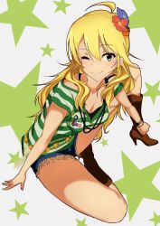 Rule 34 | 1girl, ahoge, blonde hair, blush, boots, commentary request, cutoffs, green eyes, high heel boots, high heels, highres, hoshii miki, idolmaster, idolmaster (classic), jewelry, long hair, necklace, one eye closed, q (ed69), shirt, short shorts, shorts, sitting, smile, solo, spread legs, star (symbol), striped clothes, striped shirt