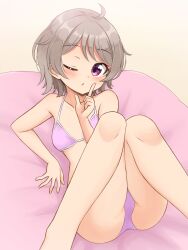 Rule 34 | 1girl, absurdres, ahoge, ayame (shiraha maru), bean bag chair, bikini, blush, breasts, commentary, grey hair, halterneck, highres, index finger raised, looking at viewer, one eye closed, original, purple bikini, purple eyes, shiraha maru, short hair, sitting, small breasts, solo, swimsuit