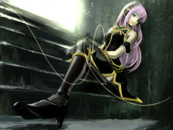 Rule 34 | 1girl, doublex, female focus, full body, green eyes, high heels, highres, long hair, megurine luka, pink hair, shoes, sitting, sitting on stairs, skirt, solo, stairs, vocaloid