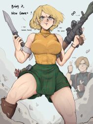 Rule 34 | 1boy, 1girl, ashley graham, bare shoulders, breasts, capcom, highres, knife, large breasts, leon s. kennedy, missile launcher, muscular, muscular female, plaid, plaid shorts, resident evil, resident evil 4, rocket launcher, short sleeves, shorts, sleeveless, thumbs up, weapon, yoracrab