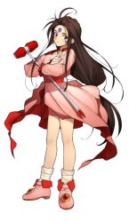 Rule 34 | 1girl, aa megami-sama, ahoge, antenna hair, black hair, brown eyes, dress, facial mark, forehead mark, full body, gloves, highres, index finger raised, k52, looking at viewer, mallet, red dress, simple background, skuld (aa megami-sama), solo, symbol-only commentary, white background, white footwear, white gloves