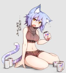 Rule 34 | 1girl, alcohol, animal ears, bare arms, bare legs, bare shoulders, beer, blush, breasts, brown shorts, can, cat ears, cat tail, drunk, ear down, fang, grey background, head tilt, headphones, holding, looking at viewer, medium breasts, midriff, navel, open mouth, orange eyes, original, ryota tentei, scar, short hair, short shorts, shorts, simple background, sitting, solo, tail, translation request, yokozuwari