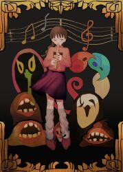 Rule 34 | 1girl, border, braid, brown hair, character request, closed eyes, commentary request, creature, expressionless, facing viewer, floating hair, flute, frog character (yume nikki), full body, ghost, holding, holding flute, holding instrument, holding flute, instrument, leg warmers, long hair, low twin braids, madotsuki, music, musical note, ornate border, pink sweater, playing instrument, recorder, red footwear, red skirt, skirt, staff (music), sweater, tokuto-kun, turtleneck, turtleneck sweater, twin braids, uboa, white leg warmers, xgshjsgha, yume nikki