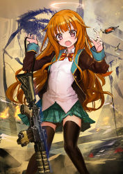 Rule 34 | 10s, 1girl, :o, aircraft, amatsuka mao, assault rifle, black thighhighs, blazer, blush, bow, crossover, dress shirt, execution, fang, gj-bu, gun, hair flaps, halo, hands up, hanged, helicopter, highres, jacket, lamppost, lm7 (op-center), long hair, noose, open mouth, orange hair, plaid, plaid skirt, purple eyes, rifle, school uniform, shirt, silhouette, sketch, skirt, solo focus, spec ops the line, standing, thighhighs, very long hair, weapon, zettai ryouiki