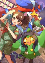 Rule 34 | 1girl, :d, absurdres, backpack, bag, blush, brown eyes, brown hair, cloud, commentary request, creatures (company), eyelashes, game freak, green shirt, green shorts, highres, juliana (pokemon), nintendo, ogerpon, open mouth, outdoors, pokemon, pokemon (creature), pokemon sv, pon yui, ponytail, quaquaval, shirt, short sleeves, shorts, sinistcha, sky, smile, standing, teeth, twilight, upper teeth only