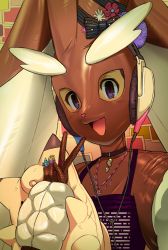 Rule 34 | bodysuit, cable, cosplay, costume, creatures (company), dachaku, fishnet gloves, fishnets, game freak, gen 4 pokemon, gloves, headphones, jewelry, looking at viewer, lopunny, lopunny (cosplay), mask, nintendo, open mouth, pokemon, purple eyes, ribbon, ring, smile, v