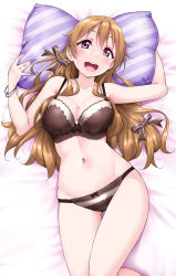 Rule 34 | 1girl, :d, bare legs, bed, bed sheet, black bow, blush, bow, bow bra, bow panties, bra, bracelet, breasts, brown bow, brown bra, brown panties, cleavage, collarbone, from above, gluteal fold, groin, hair between eyes, hair bow, highres, jewelry, konoe kanata, large breasts, light brown hair, long hair, looking at viewer, love live!, love live! nijigasaki high school idol club, love live! school idol festival all stars, lying, nail polish, navel, on back, on bed, open mouth, panties, pillow, purple eyes, sleeveless, smile, solo, teeth, underwear, underwear only, upper teeth only, yopparai oni