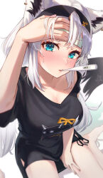 Rule 34 | 1girl, absurdres, ahoge, animal ear fluff, animal ears, aqua eyes, black hairband, black shirt, black tail, blush, breasts, cleavage, cold pack, digital thermometer, earrings, fever, fox ears, fox girl, fox tail, hairband, hand on own forehead, hand on own thigh, highres, hip vent, hololive, jewelry, large breasts, long hair, looking at viewer, loungewear, low twintails, medium breasts, multicolored tail, official alternate costume, pentagram, pov, satellite999, shirakami fubuki, shirakami fubuki (loungewear), shirt, sick, side-tie shirt, sidelocks, simple background, sitting, solo, sweat, tail, thermometer, twintails, virtual youtuber, wariza, white background, white hair, white tail